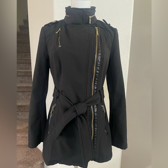 Michael Kors Softshell Moto Coat Belted Funnel Neck Hidden Hood - Picture 4 of 16